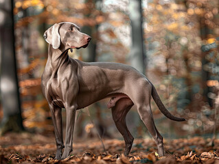 Weimaraner in forest, standing alertly, side profile, dense trees, fallen leaves, soft morning light.