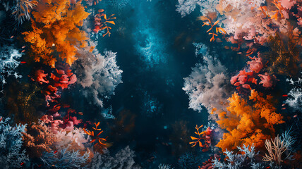 Coral forest with rich backgrounds, shadow play, glossy reflections, varied textures and black hues creating a deep and multifaceted image.