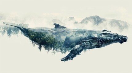 Fototapeta premium Double exposure. Whale and forest with sea. Theme of ecology and environmental protection
