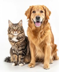 Fototapeta premium Adorable Golden Retriever and Maine Coon Cat Posing Together on White Background