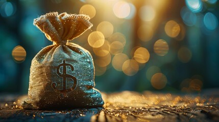 Money bag with a striking dollar sign, on a rustic wooden table, glitter overlay catching the light, illustrating the concept of wise investments