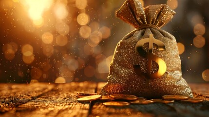 Money bag with a striking dollar sign, on a rustic wooden table, glitter overlay catching the light, illustrating the concept of wise investments