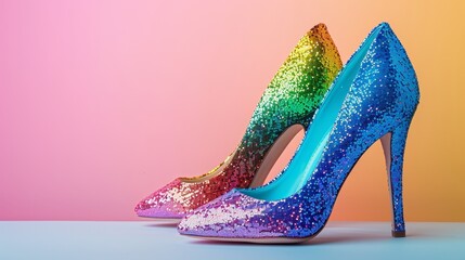 Obraz premium Pair of colorful glittery high heels, glitter overlay making them shine, displayed on a simple background, emphasizing their great colors