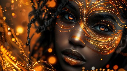 Ethereal Woman with Golden Makeup and Glowing Mask in Abstract Art Style