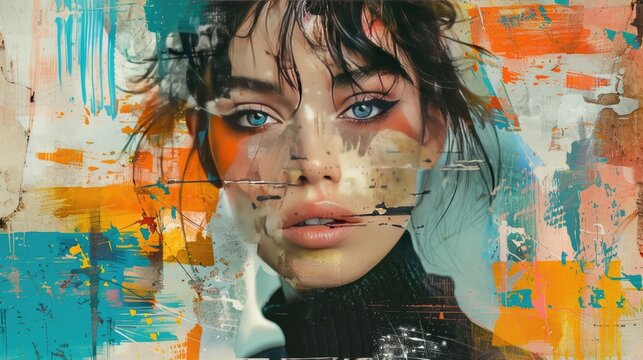 Vibrant Mixed Media Portrait of a Woman with Abstract Background
