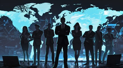 腕を組んでいるビジネスピーポー、世界地図1