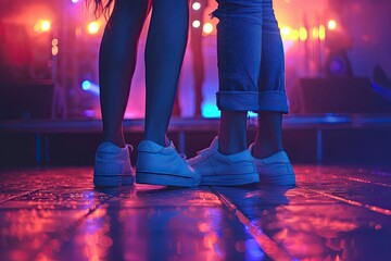 Fototapeta premium Close-Up of People Wearing White Sneakers at a Vibrant Party with Neon Lights