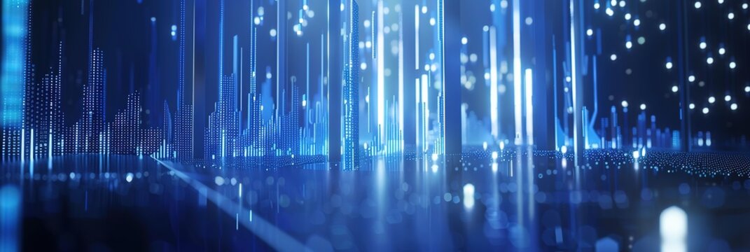 Stereoscopic Data Chart, Visual Data Screen, DataTable, Visual Data Design, Technical Style, Blue and White Color Scheme, White Font, Blue Background, Surreal