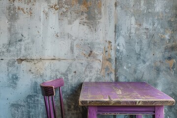 Rustic Purple Table and Chair Against Weathered Concrete Wall in Vintage Interior