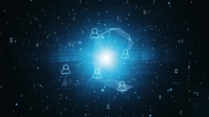 Business people icons moving in digital network cyberspace with glowing light and binary numbers loop animation background. - Powered by Adobe