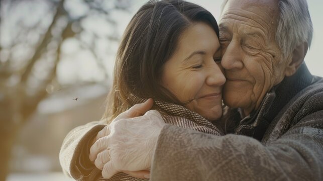 Elderly man hugging woman in park