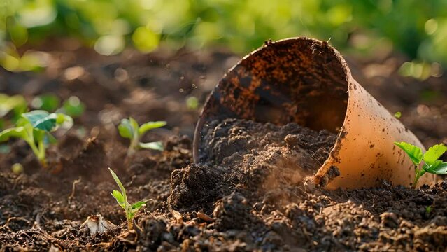 A closeup of a biodegradable pot breaking down in the soil showing its environmentally friendly quality.