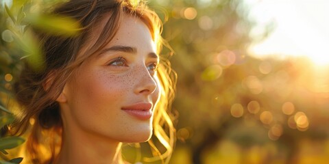 Fototapeta premium Woman smiling in sunlight through trees