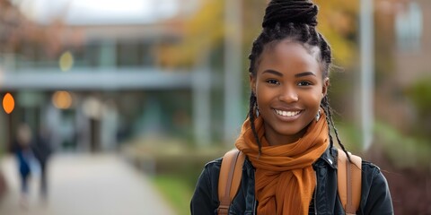 Fototapeta premium An African American Woman on a College Campus. Concept College Campus, African American Woman, Student Life, Diversity, Higher Education
