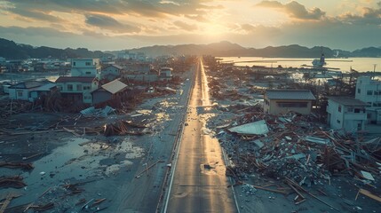 Ruined coastal town post-earthquake and tsunami, with severely cracked roads and debris-covered streets, raw visual impact