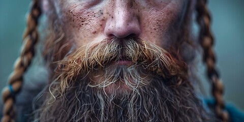 Obraz premium Embracing Viking heritage and honoring fallen ancestors with a bearded face and two long braids. Concept bearded look, braided hair, Viking heritage, fallen ancestors, tribute makeup