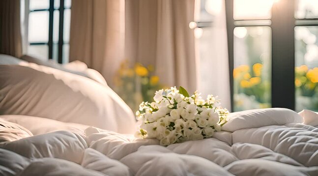 Messy Bed with Bed Mattress and Pillows. Morning Sunshine