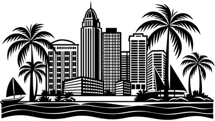 Obraz premium City skyline artwork showcasing tall buildings and a bustling city scene. City skyline with a variety of buildings and a lively urban vibe.