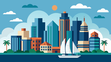 City skyline artwork showcasing tall buildings and a bustling city scene. City skyline with a variety of buildings and a lively urban vibe.