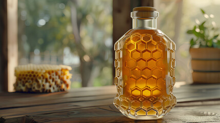 fresh and original honey in a glass bottle shaped like a honeycomb