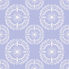 Graphic image of white lines on a pastel purple background in a vintage style, creating a seamless continuous pattern for fabric design. Gift wrapping paper, wallpaper, bedding, curtains, bags.