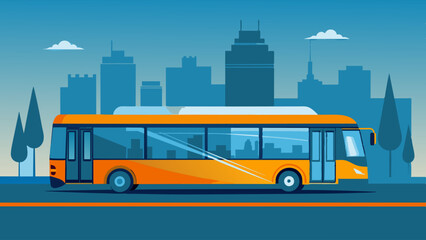 A bus driving down a road in front of a city, showcasing urban transportation and cityscape. A city bus driving on a road amidst the urban landscape.
