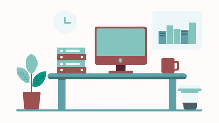 Office desk set up with computer, books, clock, and assorted items in view. Workspace desk with a computer.