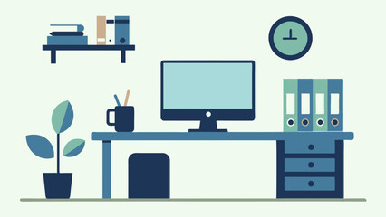 An organized office desk featuring a computer, books, a clock, and miscellaneous items.