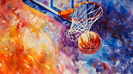 Vibrant watercolor painting of a basketball going through a hoop, abstract sports art capturing the motion and energy of a game in progress