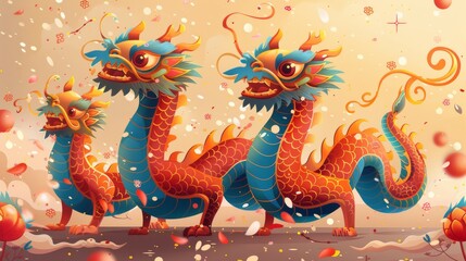 Cartoon vector dragon dance performance during Lunar New Year festivities Generative AI