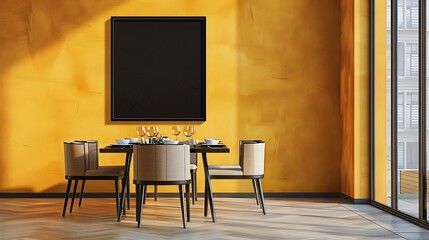 A modern dining room with a goldenrod yellow wall, displaying a single large empty black frame.