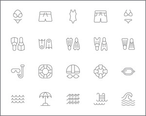 Set of swimming and pool Icons line style. Contains such Icons as diving, summer, beach activity, swimsuit, bikini, trunks, swimming cap, glasses, flippers, swim And Other Elements.