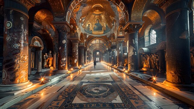 Captivating Byzantine Cathedral Interiors Bathed in Majestic Torchlight and Ancient Marble Grandeur