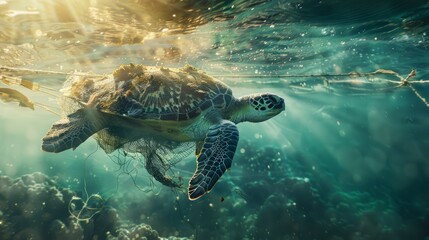 Obraz premium Fishing nets that affect sea turtles, environmental conservation concept