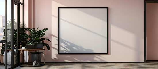 A modern office with a soft pink wall, displaying a single large empty black frame.
