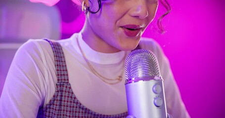 Live streaming, microphone or girl in house with broadcast, recording or online followers interaction. Asmr, podcast or influencer with storytelling, content creation or target audience stress relief