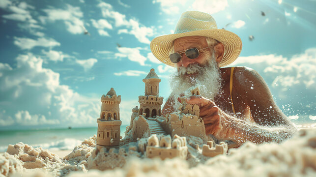Jolly man enjoying a day at the beach, building sandcastles and soaking up the sun
