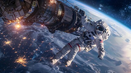 Astronaut Floating Outside Spacecraft Repairing Satellite Above Radiant Earth