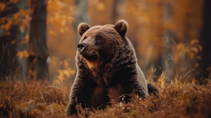 Fototapeta premium Autumn wildlife photography captures a stunning brown bear in the forest