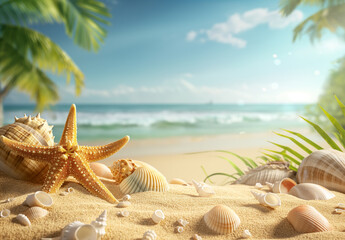Summer shells and starfish on the beach