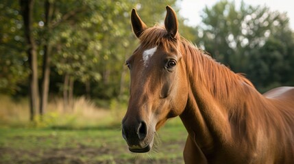 Fototapeta premium A horse in its natural environment A portrait of a brown horse outdoors
