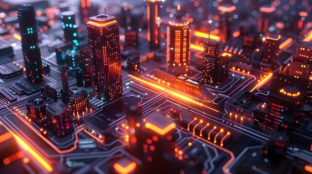 Futuristic Aerial View of Glowing Neon Cityscape with Hovercars and Holographic UI Elements
