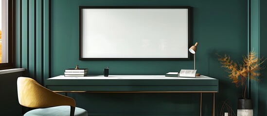 A modern study with a deep forest green wall, displaying a single large empty black frame above the desk.