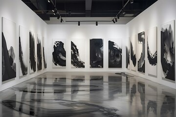 A panoramic shot of an art gallery displaying a series of monumental ink wash paintings, each piece exploring the fluidity and depth of black ink. 