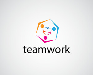 creative three people in a circular hexagon shape holding hands logo