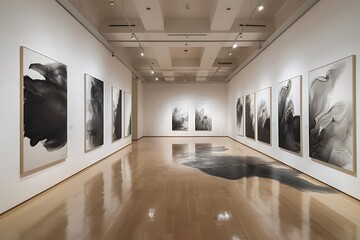 A panoramic shot of an art gallery displaying a series of monumental ink wash paintings, each piece exploring the fluidity and depth of black ink. 