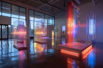 A panoramic view of a contemporary art gallery showcasing a series of interactive light installations, each piece inviting viewer participation and reflection. 