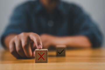 Hand push red, Red Cross mark to choose cancellation item, Approve and reject business and document...
