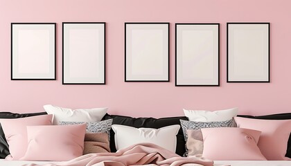 A pastel pink bedroom wall with five black frames in a horizontal line. Each frame is of the same size, creating a harmonious and balanced look.