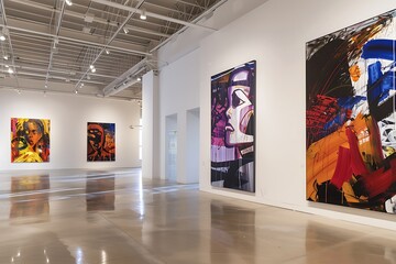 A refined art gallery with high ceilings and white walls, displaying a collection of large, bold paintings that create a powerful visual impact.